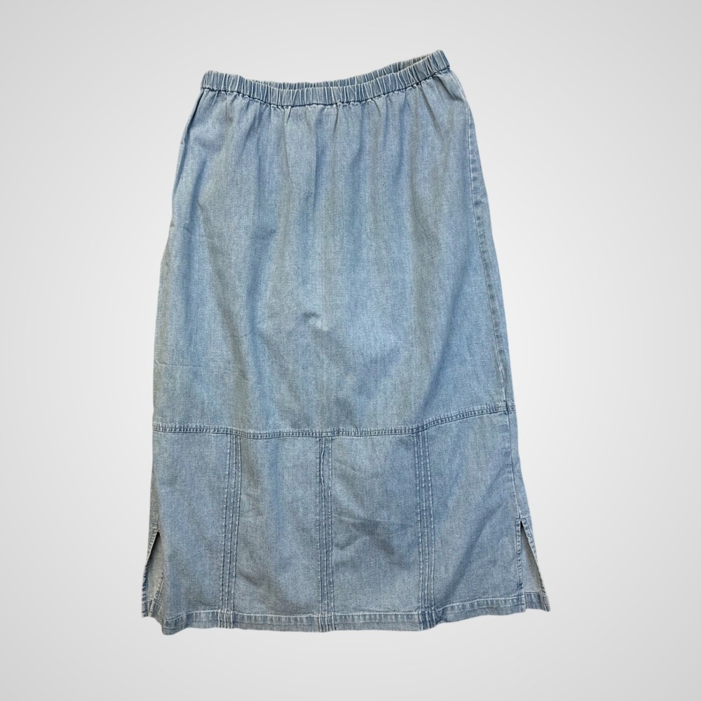 Orvis Denim Midi Skirt Women 18 Blue‎ Excellent Light Wash Elastic Waist Slit